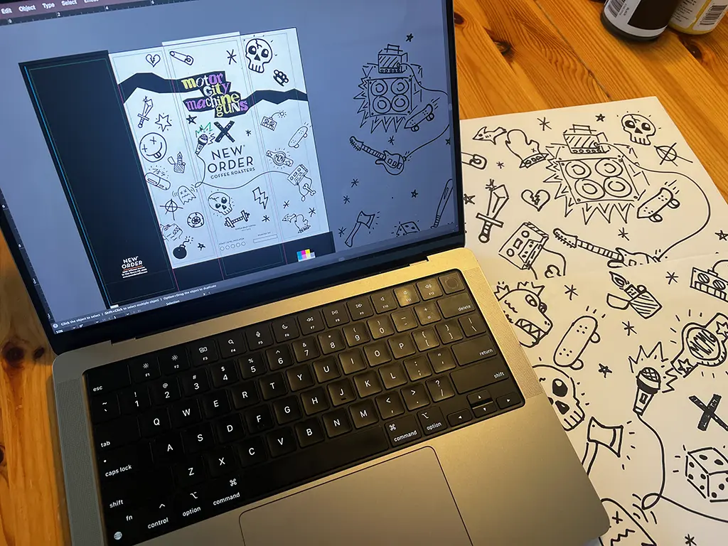 Hand-drawn doodles that were scanned for the New Order Coffee X Motor City Machine Guns Package.